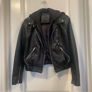 Faux Leather Bomber Jacket with Removable Hood Sz: S